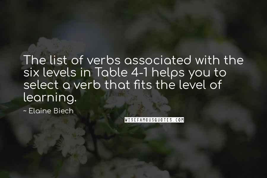 Elaine Biech Quotes: The list of verbs associated with the six levels in Table 4-1 helps you to select a verb that fits the level of learning.