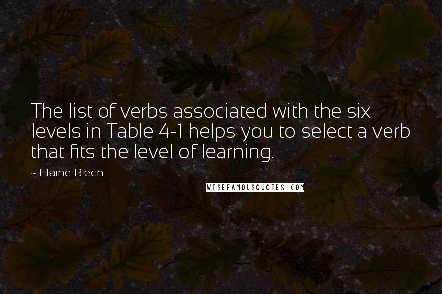 Elaine Biech Quotes: The list of verbs associated with the six levels in Table 4-1 helps you to select a verb that fits the level of learning.