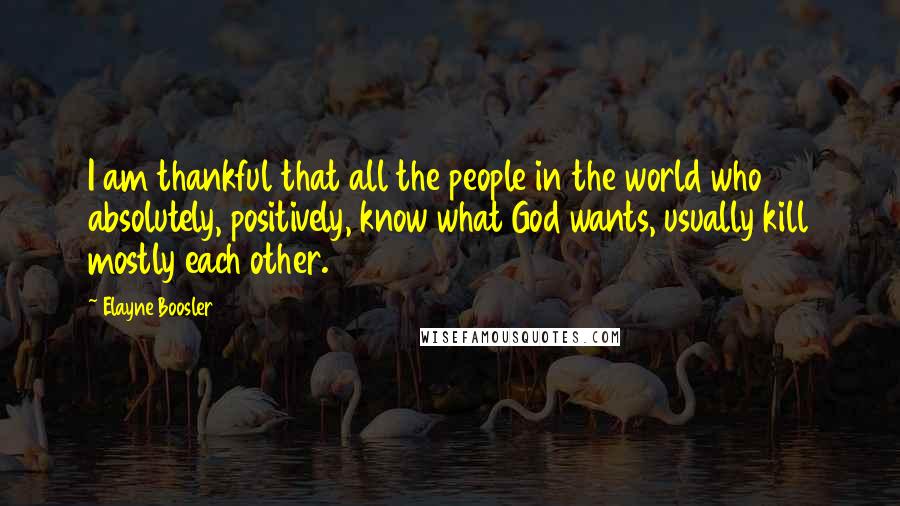 Elayne Boosler Quotes: I am thankful that all the people in the world who absolutely, positively, know what God wants, usually kill mostly each other.