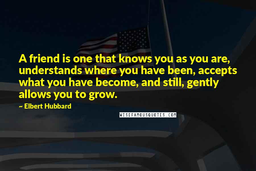 Elbert Hubbard Quotes: A friend is one that knows you as you are, understands where you have been, accepts what you have become, and still, gently allows you to grow.