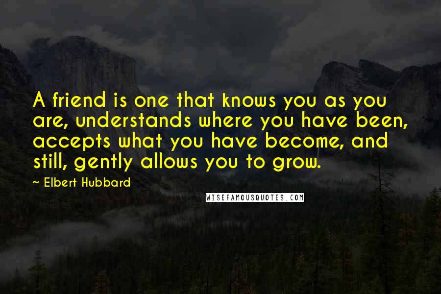 Elbert Hubbard Quotes: A friend is one that knows you as you are, understands where you have been, accepts what you have become, and still, gently allows you to grow.