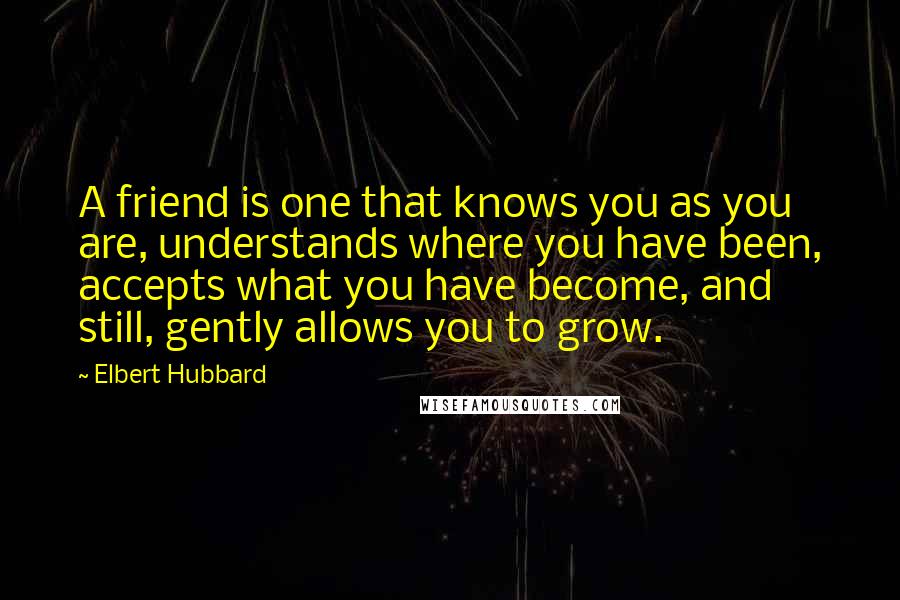 Elbert Hubbard Quotes: A friend is one that knows you as you are, understands where you have been, accepts what you have become, and still, gently allows you to grow.