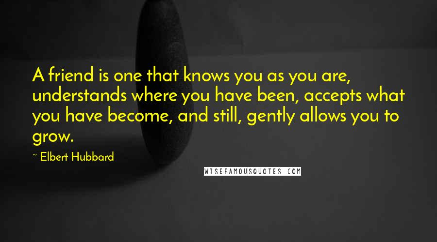 Elbert Hubbard Quotes: A friend is one that knows you as you are, understands where you have been, accepts what you have become, and still, gently allows you to grow.