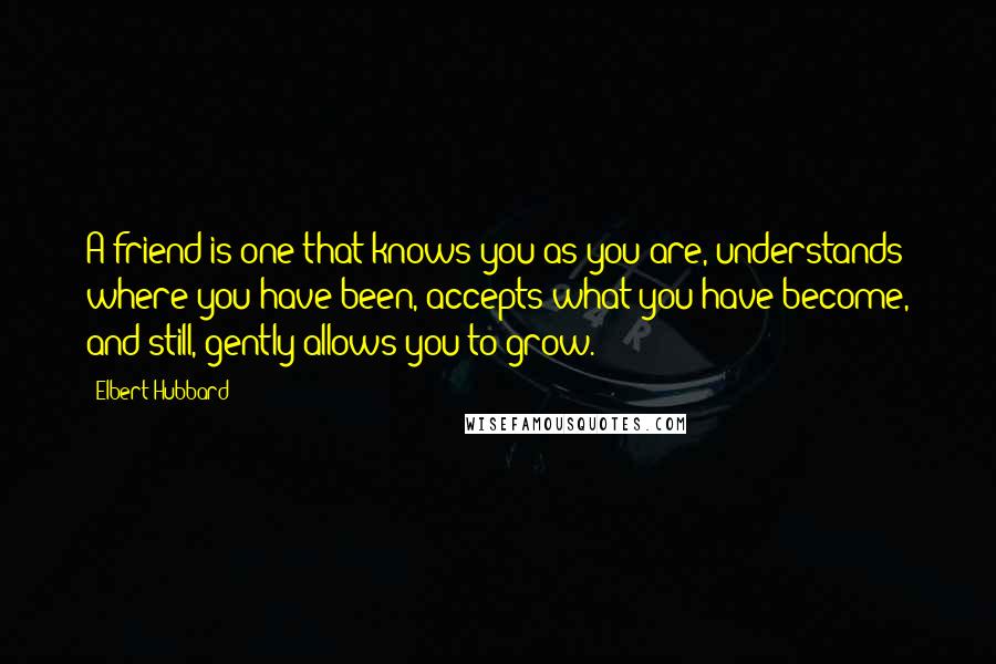 Elbert Hubbard Quotes: A friend is one that knows you as you are, understands where you have been, accepts what you have become, and still, gently allows you to grow.