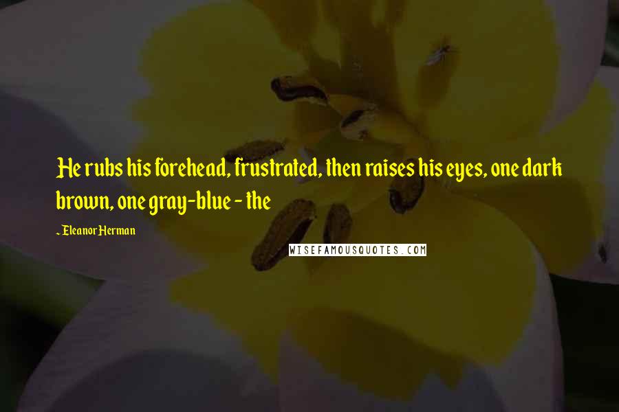 Eleanor Herman Quotes: He rubs his forehead, frustrated, then raises his eyes, one dark brown, one gray-blue - the