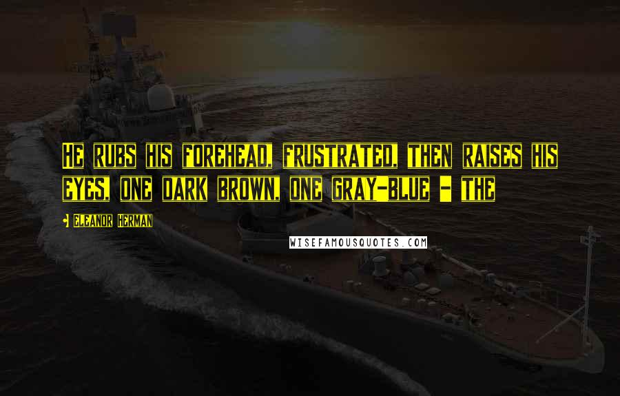 Eleanor Herman Quotes: He rubs his forehead, frustrated, then raises his eyes, one dark brown, one gray-blue - the