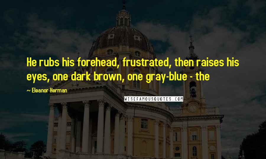 Eleanor Herman Quotes: He rubs his forehead, frustrated, then raises his eyes, one dark brown, one gray-blue - the