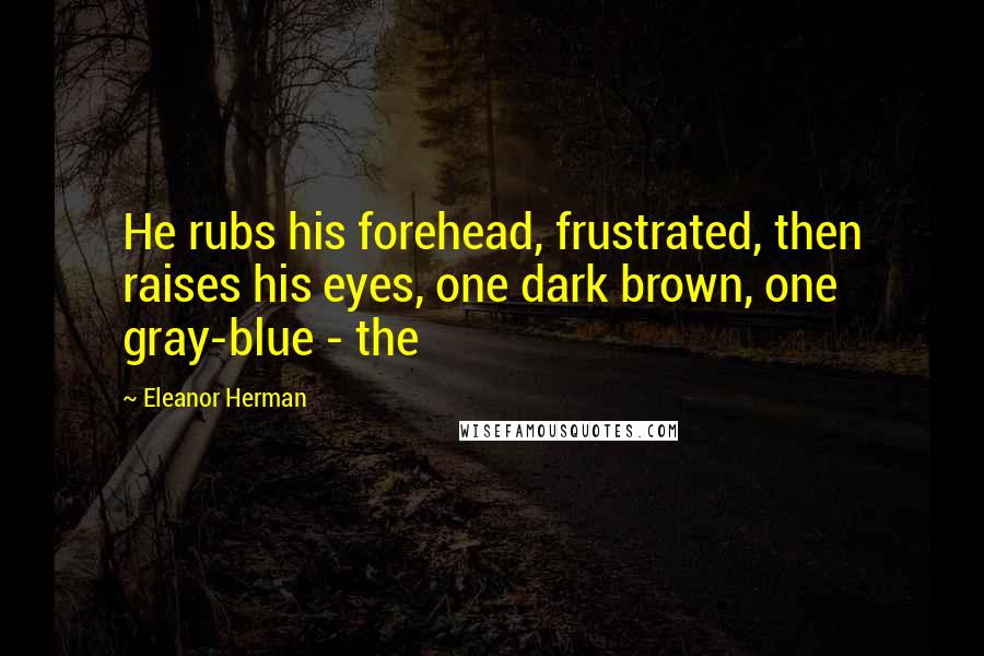 Eleanor Herman Quotes: He rubs his forehead, frustrated, then raises his eyes, one dark brown, one gray-blue - the