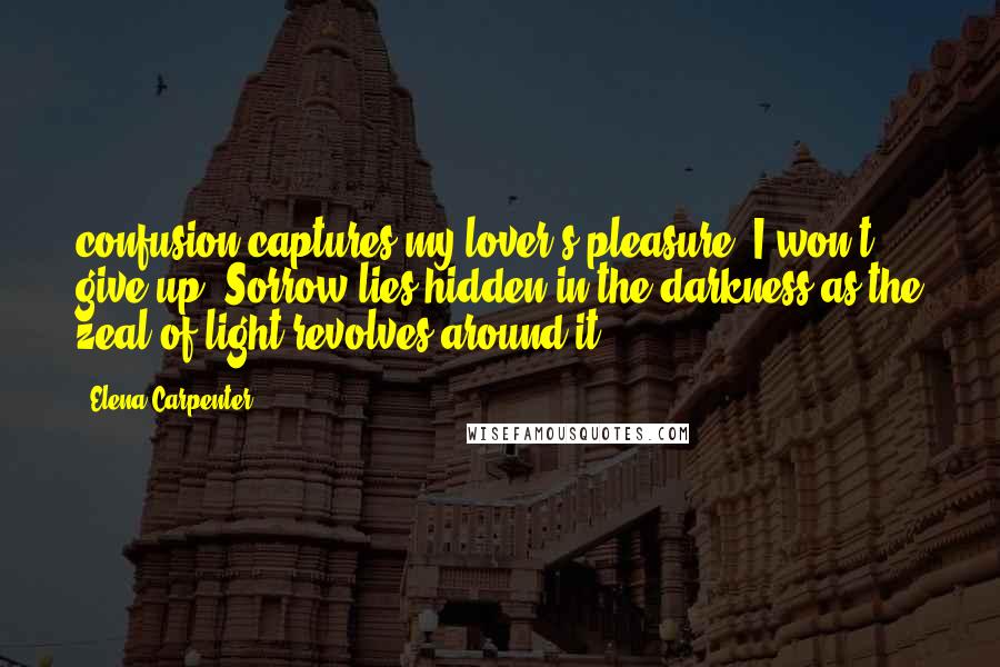 Elena Carpenter Quotes: confusion captures my lover's pleasure. I won't give up. Sorrow lies hidden in the darkness as the zeal of light revolves around it.