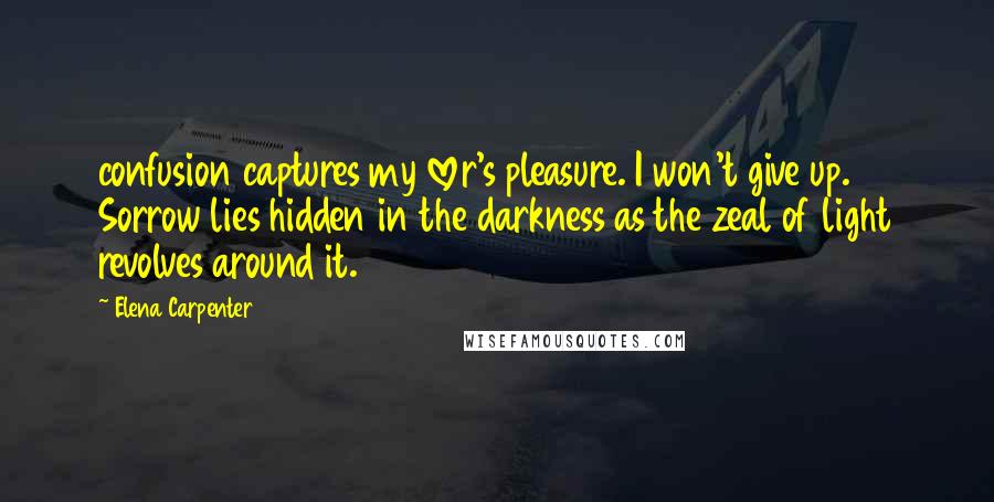 Elena Carpenter Quotes: confusion captures my lover's pleasure. I won't give up. Sorrow lies hidden in the darkness as the zeal of light revolves around it.