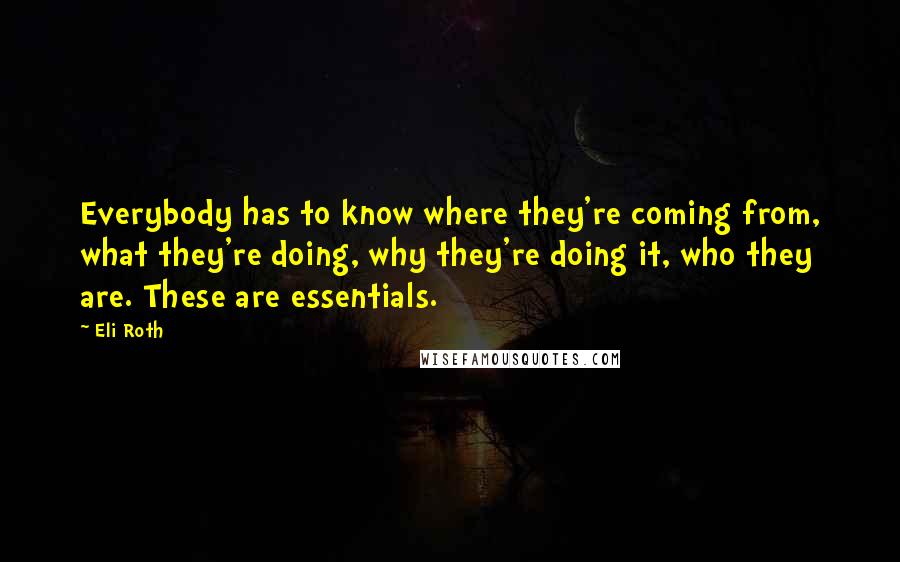Eli Roth Quotes: Everybody has to know where they're coming from, what they're doing, why they're doing it, who they are. These are essentials.