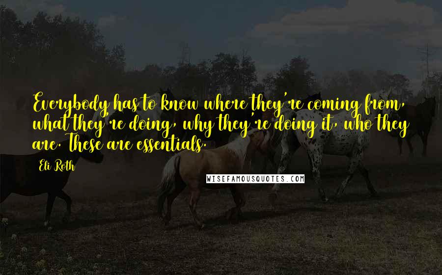 Eli Roth Quotes: Everybody has to know where they're coming from, what they're doing, why they're doing it, who they are. These are essentials.