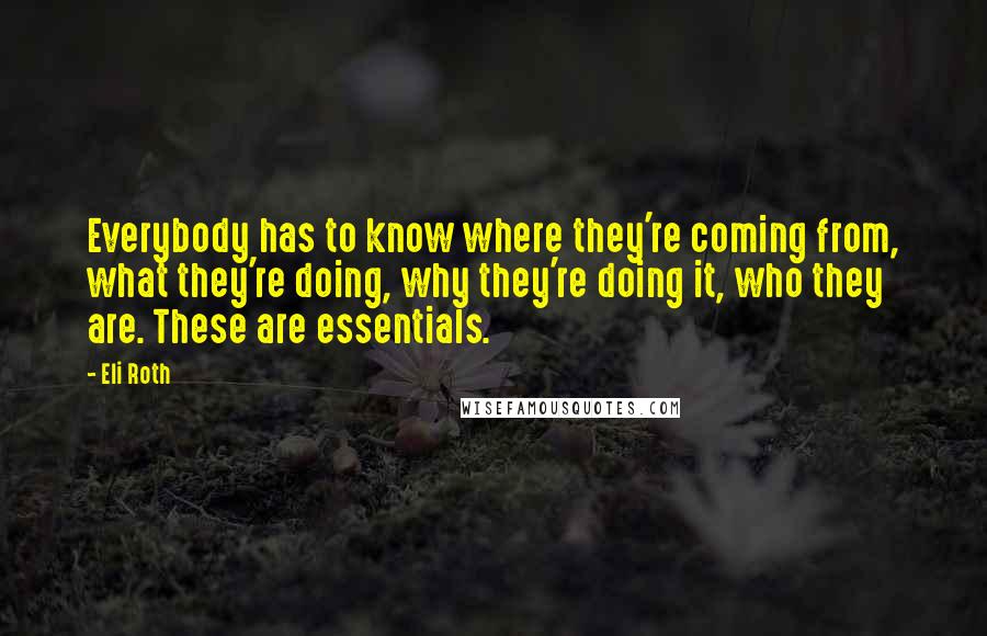 Eli Roth Quotes: Everybody has to know where they're coming from, what they're doing, why they're doing it, who they are. These are essentials.