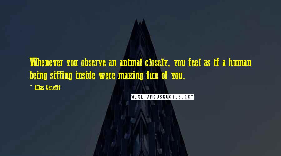 Elias Canetti Quotes: Whenever you observe an animal closely, you feel as if a human being sitting inside were making fun of you.