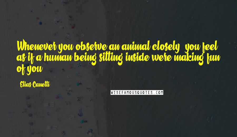 Elias Canetti Quotes: Whenever you observe an animal closely, you feel as if a human being sitting inside were making fun of you.