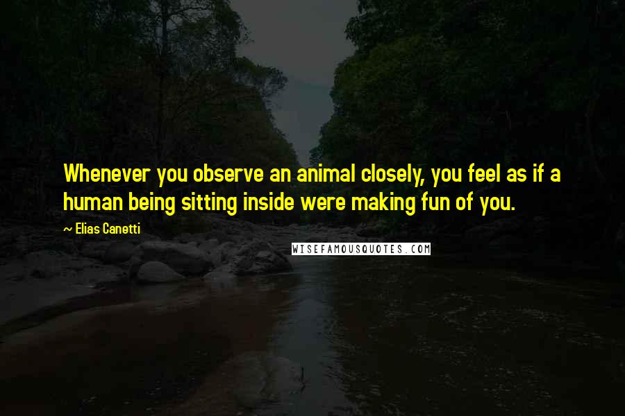 Elias Canetti Quotes: Whenever you observe an animal closely, you feel as if a human being sitting inside were making fun of you.