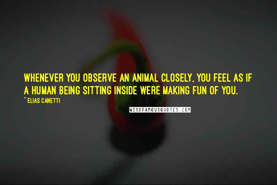 Elias Canetti Quotes: Whenever you observe an animal closely, you feel as if a human being sitting inside were making fun of you.