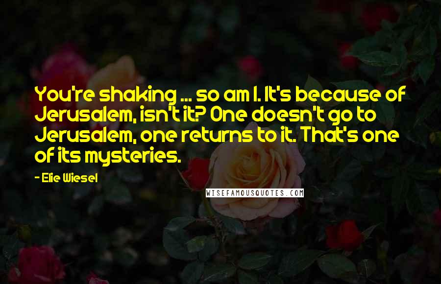 Elie Wiesel Quotes: You're shaking ... so am I. It's because of Jerusalem, isn't it? One doesn't go to Jerusalem, one returns to it. That's one of its mysteries.