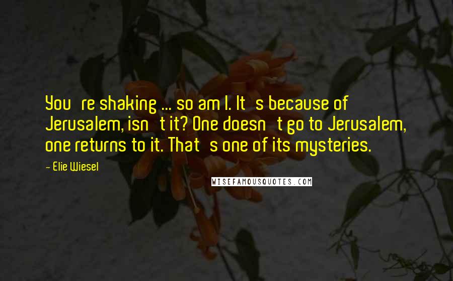 Elie Wiesel Quotes: You're shaking ... so am I. It's because of Jerusalem, isn't it? One doesn't go to Jerusalem, one returns to it. That's one of its mysteries.