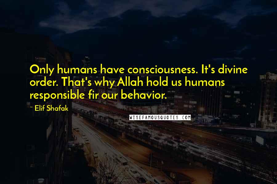 Elif Shafak Quotes: Only humans have consciousness. It's divine order. That's why Allah hold us humans responsible fir our behavior.