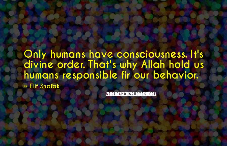 Elif Shafak Quotes: Only humans have consciousness. It's divine order. That's why Allah hold us humans responsible fir our behavior.