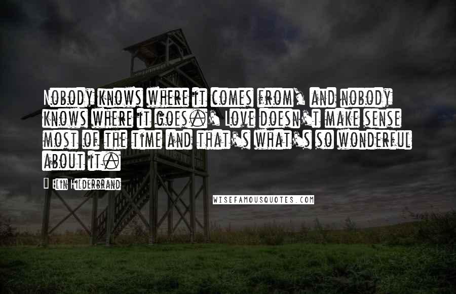 Elin Hilderbrand Quotes: Nobody knows where it comes from, and nobody knows where it goes.' Love doesn't make sense most of the time and that's what's so wonderful about it.