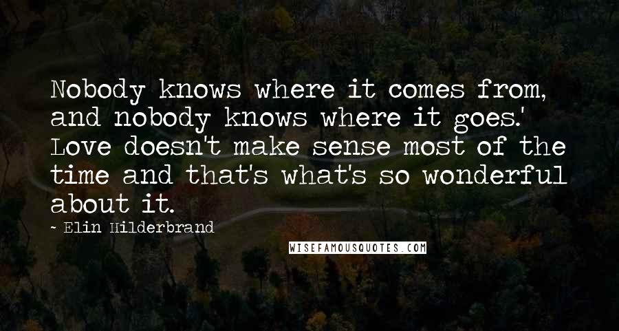 Elin Hilderbrand Quotes: Nobody knows where it comes from, and nobody knows where it goes.' Love doesn't make sense most of the time and that's what's so wonderful about it.