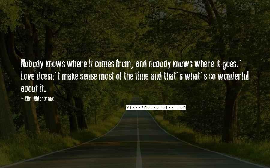 Elin Hilderbrand Quotes: Nobody knows where it comes from, and nobody knows where it goes.' Love doesn't make sense most of the time and that's what's so wonderful about it.