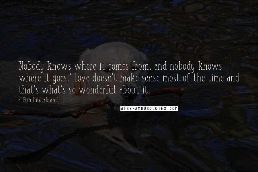 Elin Hilderbrand Quotes: Nobody knows where it comes from, and nobody knows where it goes.' Love doesn't make sense most of the time and that's what's so wonderful about it.