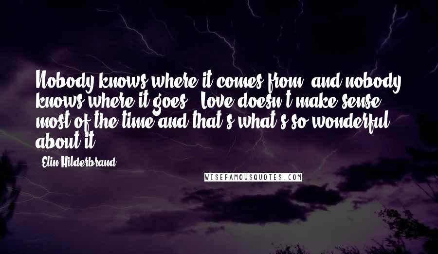 Elin Hilderbrand Quotes: Nobody knows where it comes from, and nobody knows where it goes.' Love doesn't make sense most of the time and that's what's so wonderful about it.