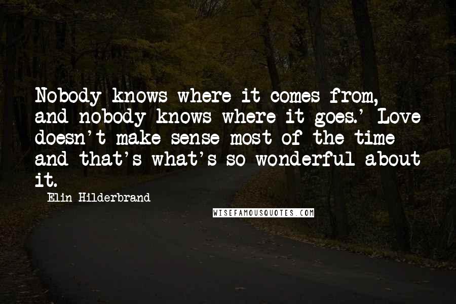 Elin Hilderbrand Quotes: Nobody knows where it comes from, and nobody knows where it goes.' Love doesn't make sense most of the time and that's what's so wonderful about it.