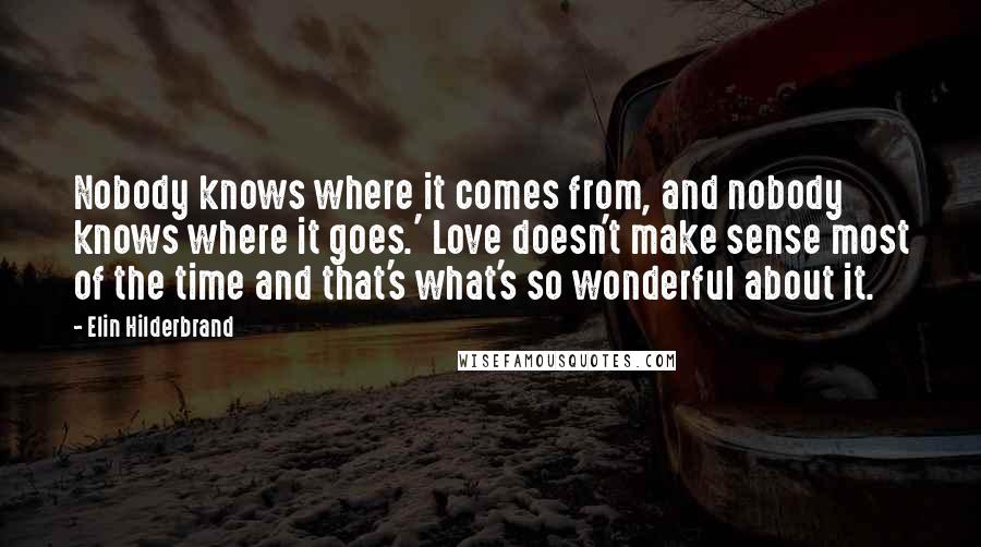 Elin Hilderbrand Quotes: Nobody knows where it comes from, and nobody knows where it goes.' Love doesn't make sense most of the time and that's what's so wonderful about it.