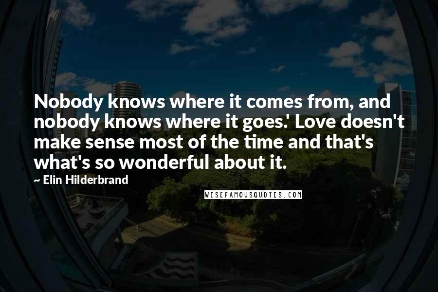 Elin Hilderbrand Quotes: Nobody knows where it comes from, and nobody knows where it goes.' Love doesn't make sense most of the time and that's what's so wonderful about it.