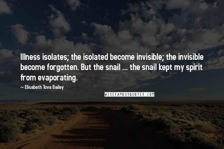 Elisabeth Tova Bailey Quotes: Illness isolates; the isolated become invisible; the invisible become forgotten. But the snail ... the snail kept my spirit from evaporating.