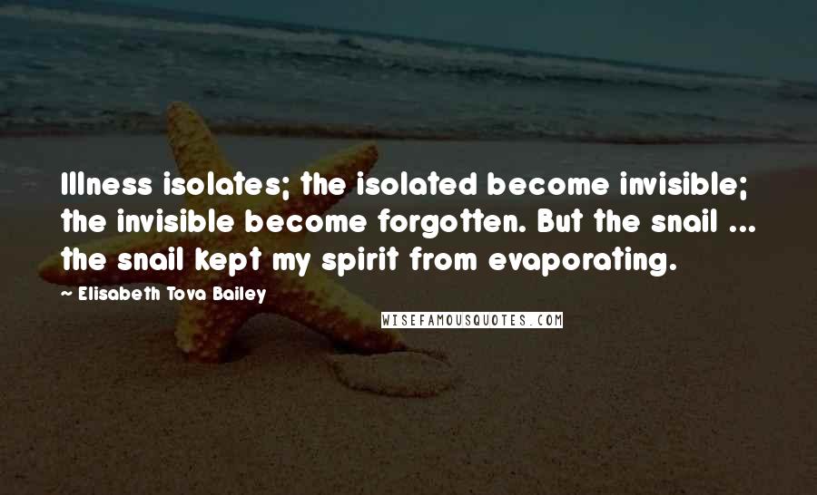 Elisabeth Tova Bailey Quotes: Illness isolates; the isolated become invisible; the invisible become forgotten. But the snail ... the snail kept my spirit from evaporating.