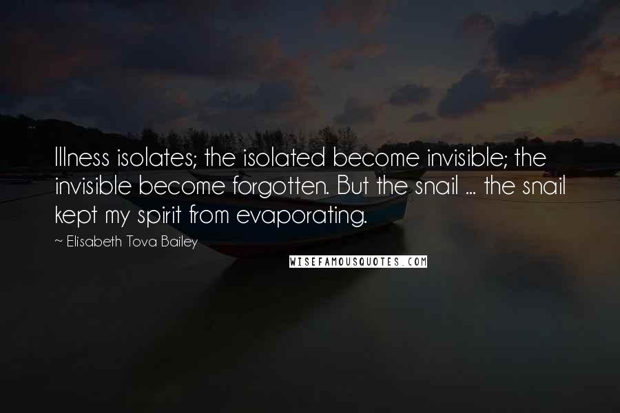 Elisabeth Tova Bailey Quotes: Illness isolates; the isolated become invisible; the invisible become forgotten. But the snail ... the snail kept my spirit from evaporating.