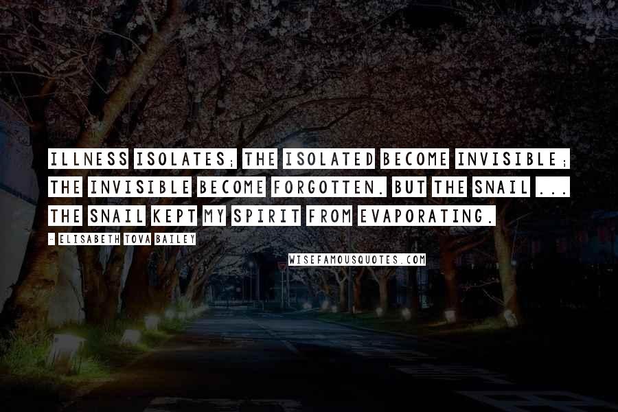 Elisabeth Tova Bailey Quotes: Illness isolates; the isolated become invisible; the invisible become forgotten. But the snail ... the snail kept my spirit from evaporating.