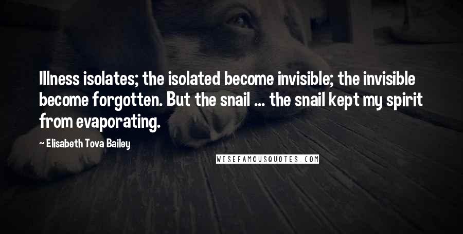 Elisabeth Tova Bailey Quotes: Illness isolates; the isolated become invisible; the invisible become forgotten. But the snail ... the snail kept my spirit from evaporating.