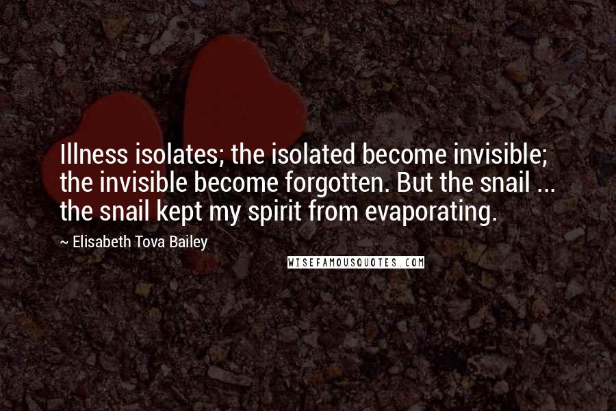 Elisabeth Tova Bailey Quotes: Illness isolates; the isolated become invisible; the invisible become forgotten. But the snail ... the snail kept my spirit from evaporating.