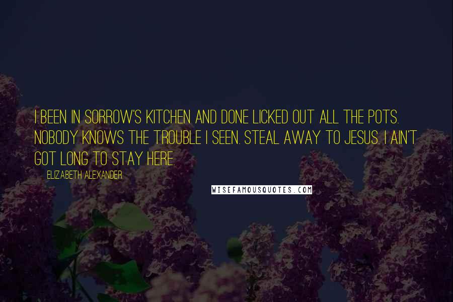 Elizabeth Alexander Quotes: I been in sorrow's kitchen and done licked out all the pots. Nobody knows the trouble I seen. Steal away to Jesus. I ain't got long to stay here.