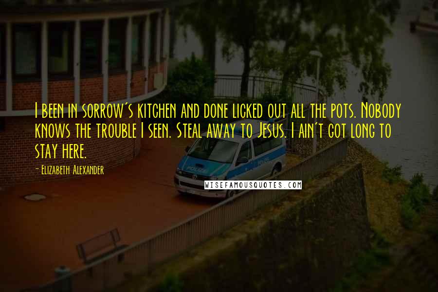 Elizabeth Alexander Quotes: I been in sorrow's kitchen and done licked out all the pots. Nobody knows the trouble I seen. Steal away to Jesus. I ain't got long to stay here.