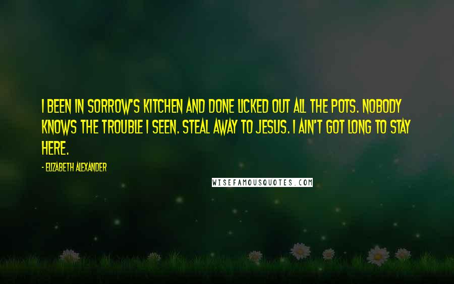 Elizabeth Alexander Quotes: I been in sorrow's kitchen and done licked out all the pots. Nobody knows the trouble I seen. Steal away to Jesus. I ain't got long to stay here.