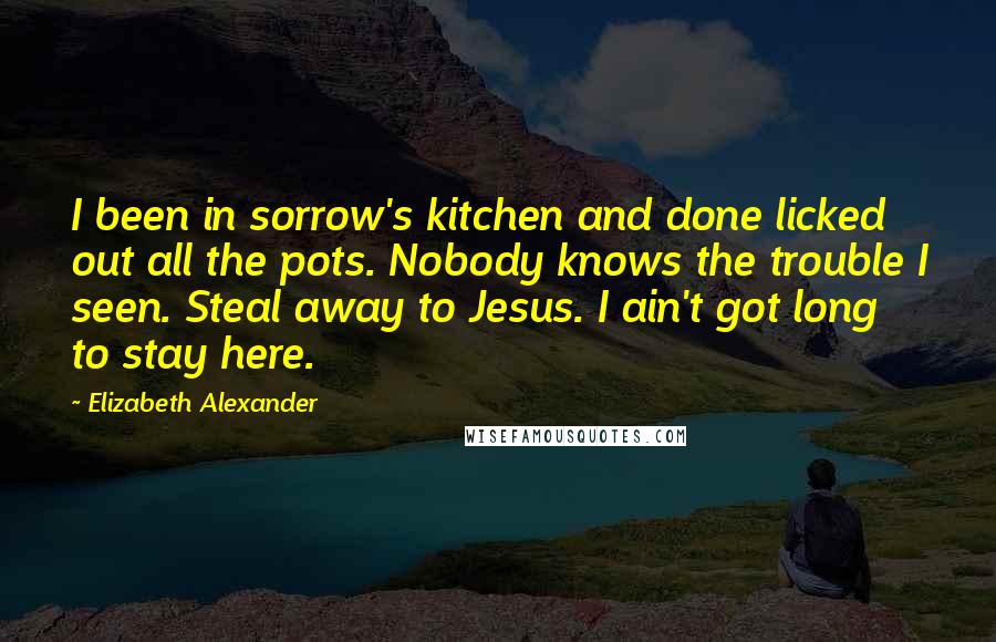 Elizabeth Alexander Quotes: I been in sorrow's kitchen and done licked out all the pots. Nobody knows the trouble I seen. Steal away to Jesus. I ain't got long to stay here.