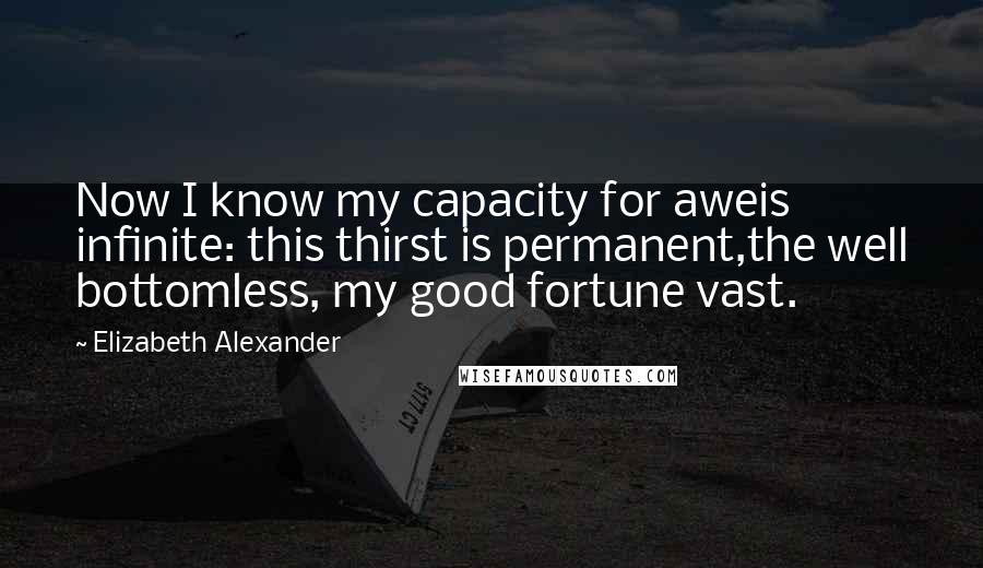 Elizabeth Alexander Quotes: Now I know my capacity for aweis infinite: this thirst is permanent,the well bottomless, my good fortune vast.