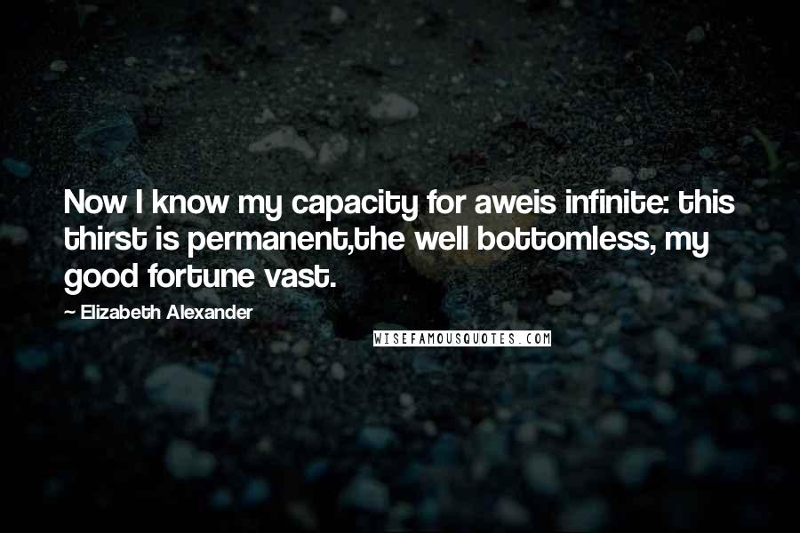 Elizabeth Alexander Quotes: Now I know my capacity for aweis infinite: this thirst is permanent,the well bottomless, my good fortune vast.