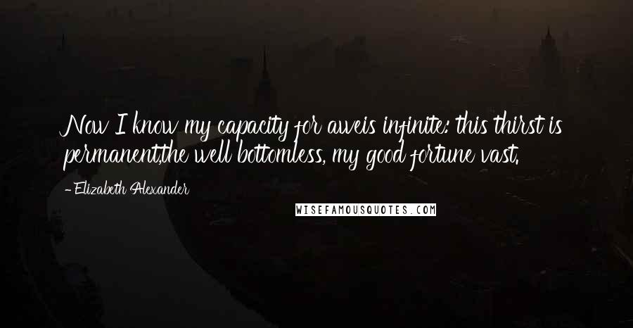 Elizabeth Alexander Quotes: Now I know my capacity for aweis infinite: this thirst is permanent,the well bottomless, my good fortune vast.