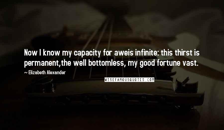 Elizabeth Alexander Quotes: Now I know my capacity for aweis infinite: this thirst is permanent,the well bottomless, my good fortune vast.