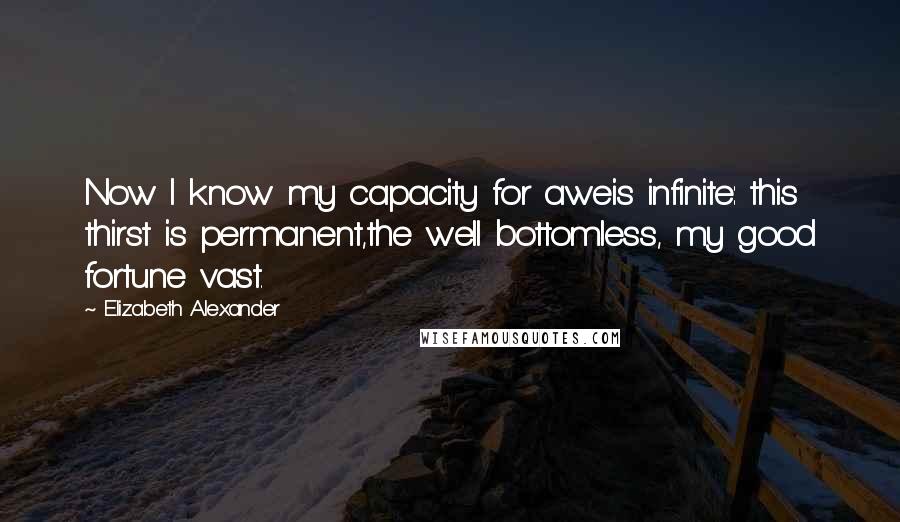 Elizabeth Alexander Quotes: Now I know my capacity for aweis infinite: this thirst is permanent,the well bottomless, my good fortune vast.