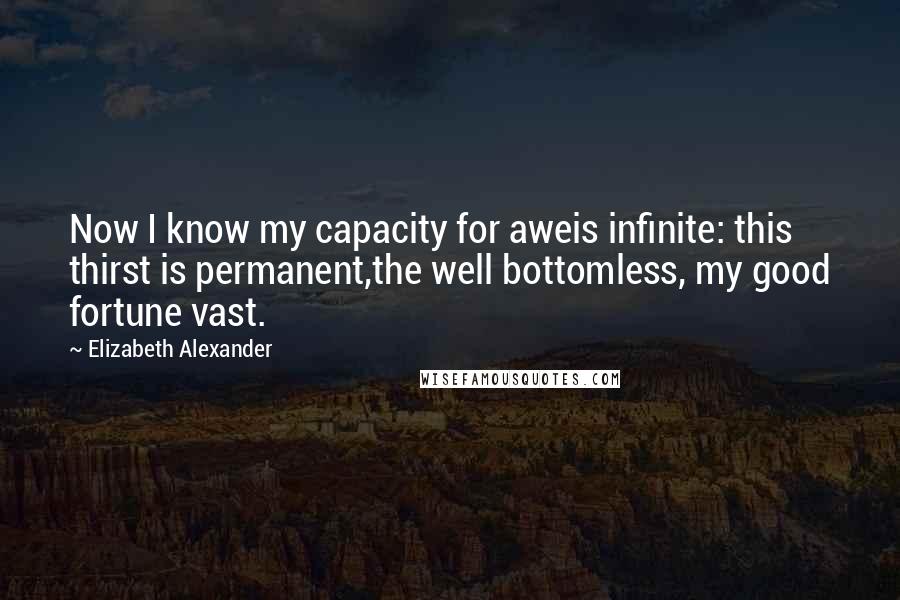 Elizabeth Alexander Quotes: Now I know my capacity for aweis infinite: this thirst is permanent,the well bottomless, my good fortune vast.