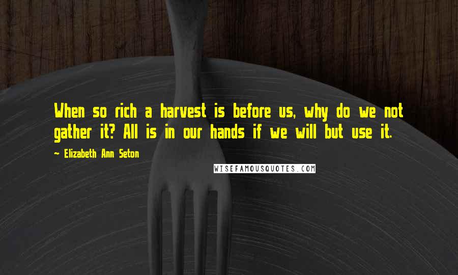 Elizabeth Ann Seton Quotes: When so rich a harvest is before us, why do we not gather it? All is in our hands if we will but use it.